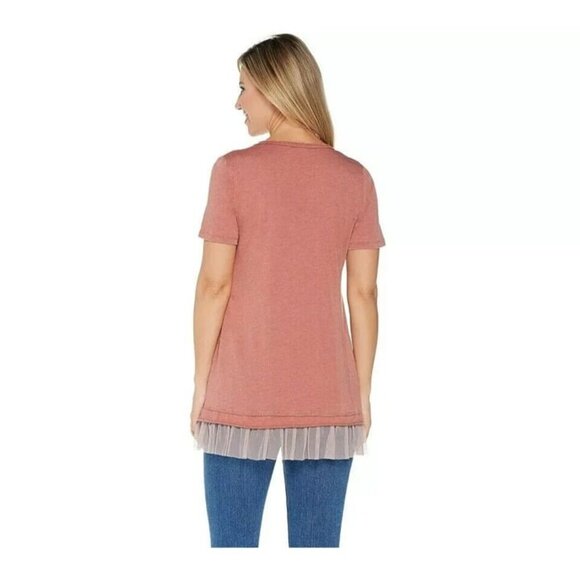 LOGO Lori Goldstein Jersey Fairy Top Raw Edge & Ruffle Light Rust XL Casual NEW - Picture 2 of 8